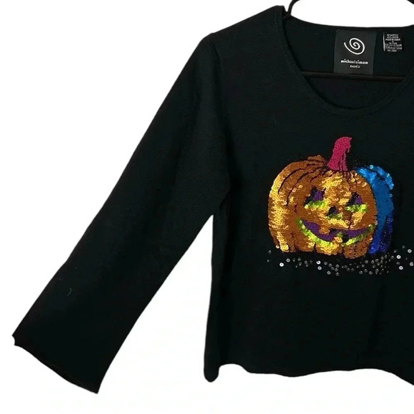 Y2K rare Michael Simon sweater,Halloween pumpkin sequins,2004, PTP 17.5-20”, EC - Picture 3 of 17